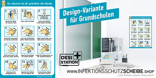 Plakat „Anleitung Händewaschen“ für Grundschule, Farbstil blau