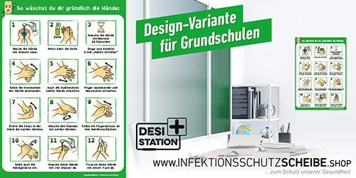 Plakat „Anleitung Händewaschen“ für Grundschule, Farbstil grün