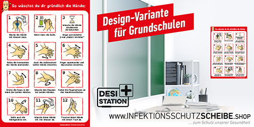 Plakat „Anleitung Händewaschen“ für Grundschule, Farbstil rot