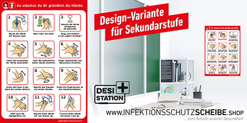 Plakat „Anleitung Händewaschen“ für Sekundarstufe, Farbstil rot